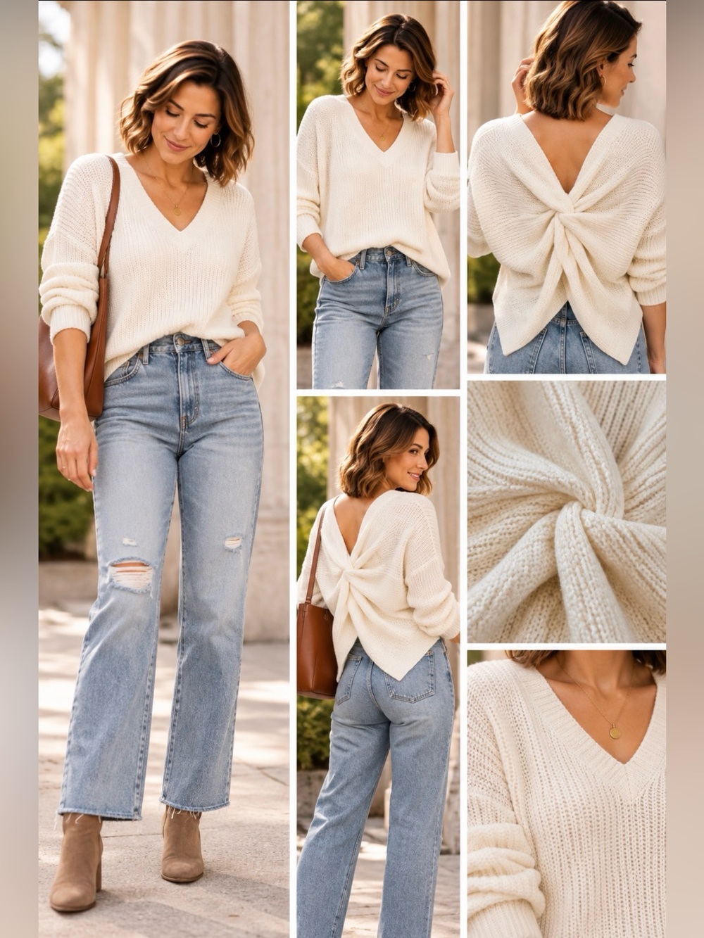 V-Neck knot back Cream Knit Sweater - Miracle